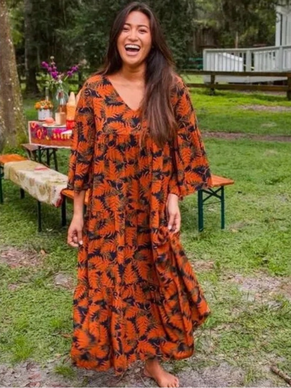 NATURAL LIFE Orange and Black Tropical Print Maxi Dress - L/XL